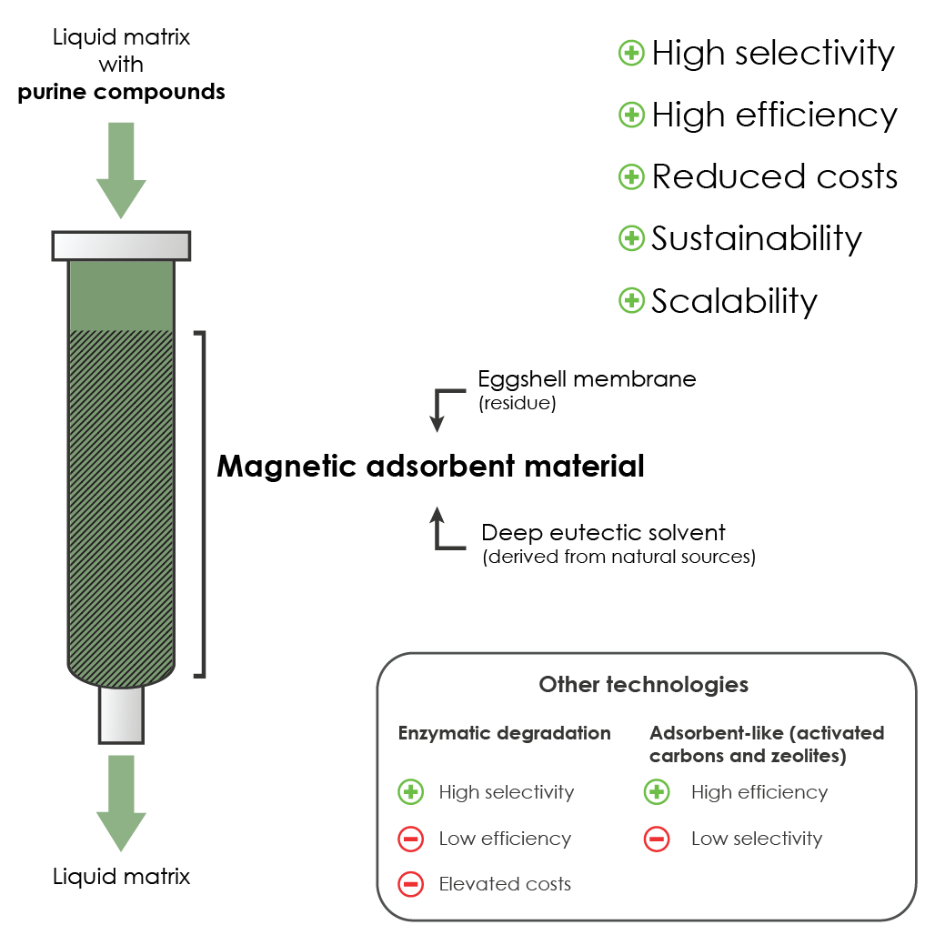 Efficient and selective magnetic adsorbent for removal of purine compounds and nucleic acids from liquid matrices